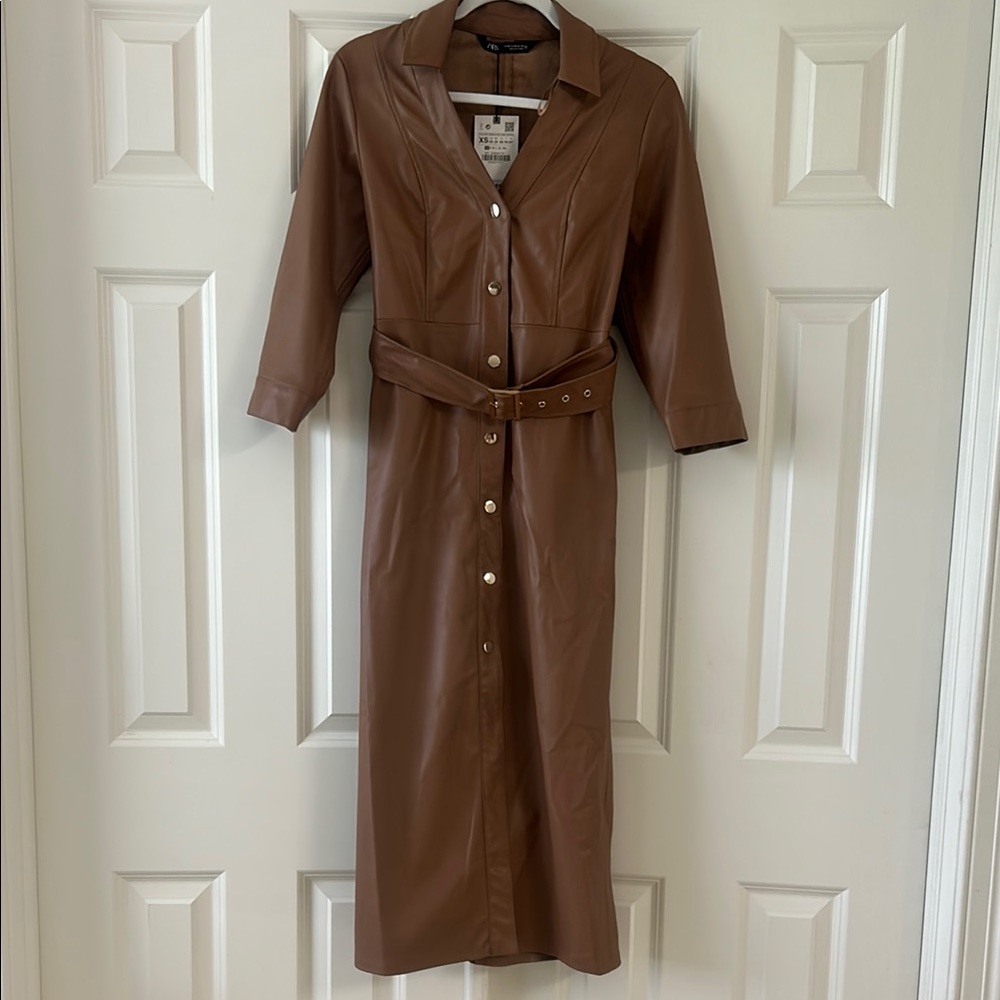 Brown Faux Leather Midi Dress with Belt
